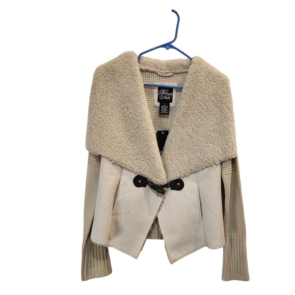 Blanc Noir Cream Toggle Front Faux Fur Knit Cape Cardigan Sweater Coatigan Small